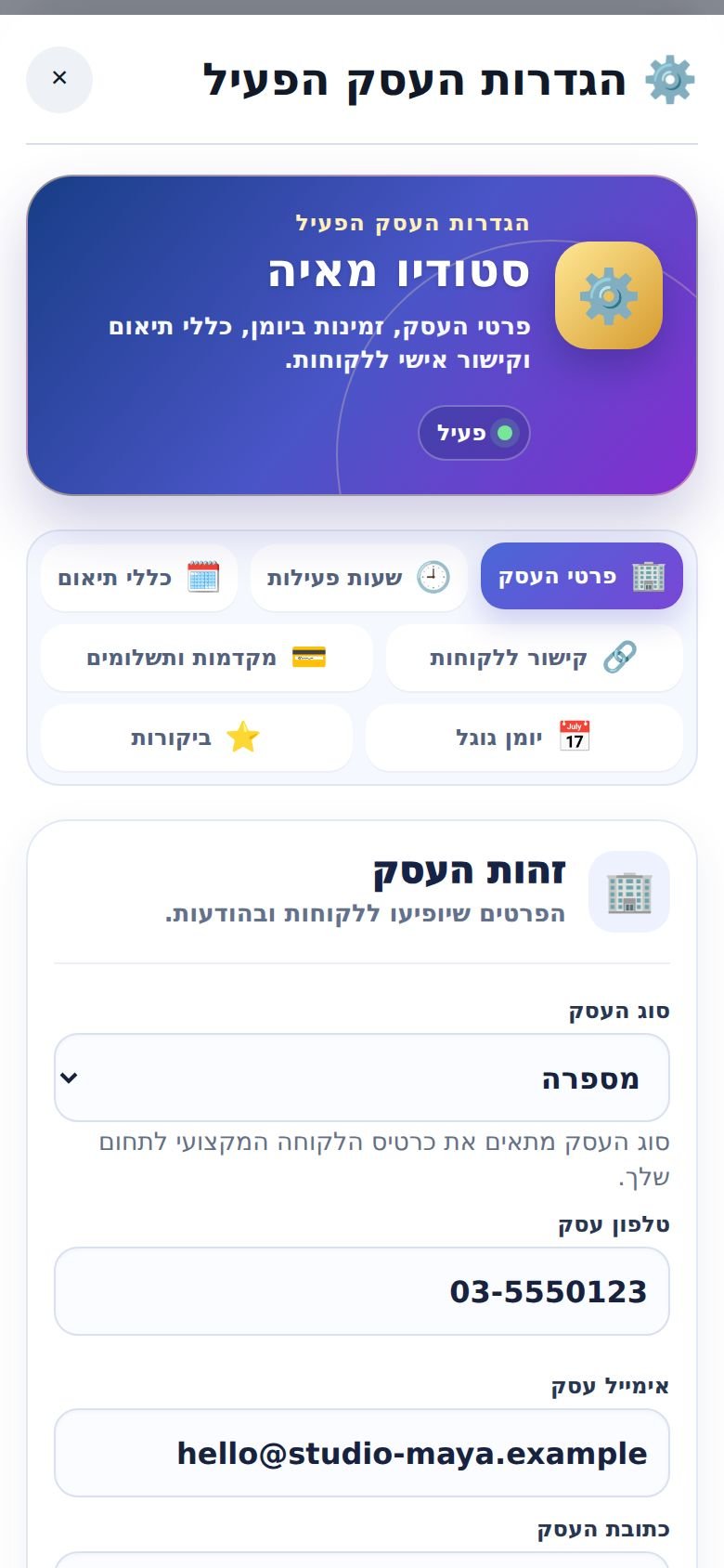 הגדרות העסק: הלשוניות ולשונית ״פרטי העסק״