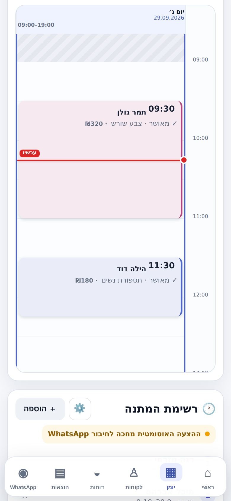 היומן בתצוגת יום, עם הקו האדום של השעה הנוכחית