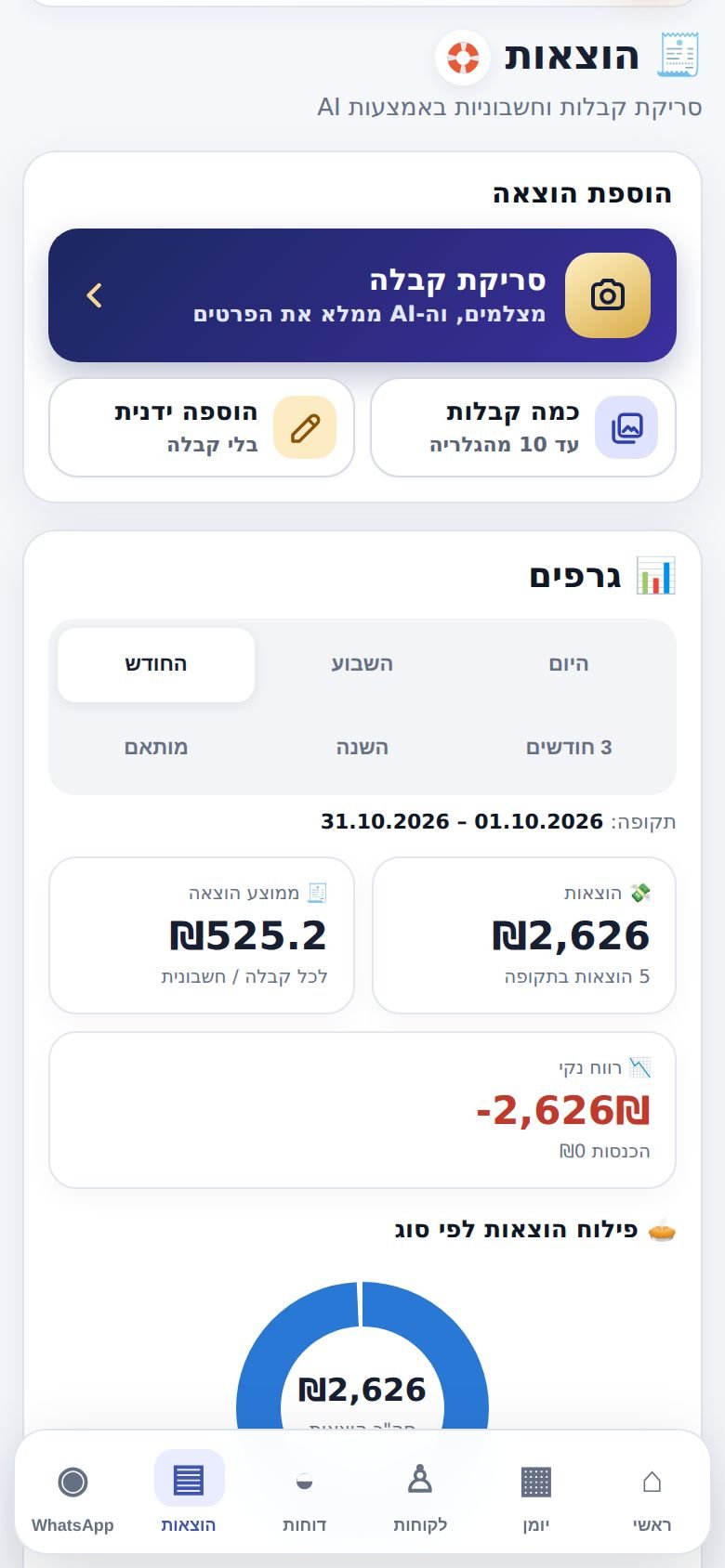 לשונית ההוצאות: סריקה, גרפים ורווח נקי