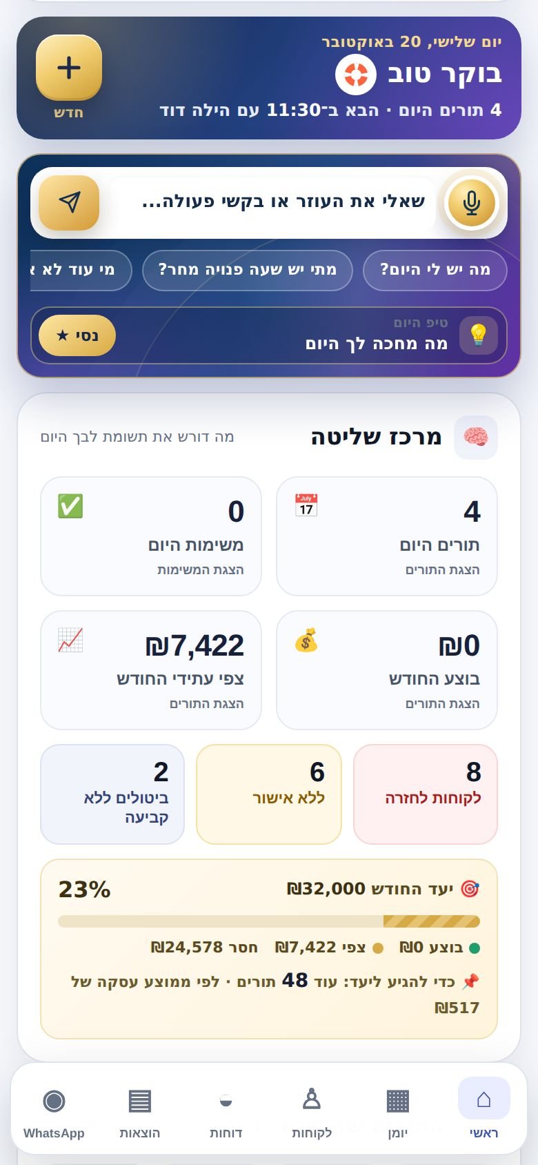 מסך הבית: העוזר החכם ומרכז השליטה, והלשוניות בתחתית