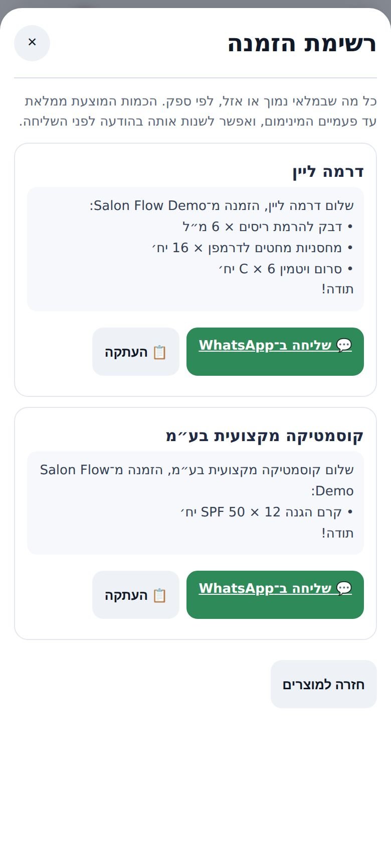 ״רשימת הזמנה״: המוצרים הנמוכים מקובצים לפי ספק, מוכנים להעתקה או לשליחה