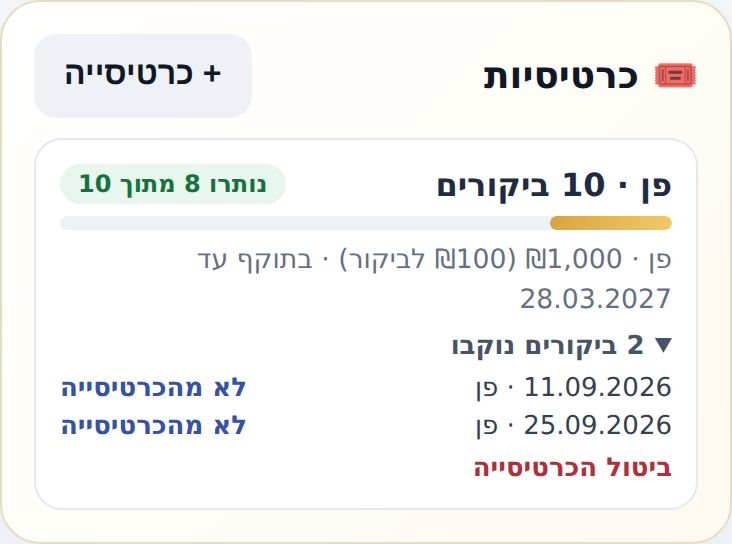 הכרטיס ״כרטיסיות״ בתיק הלקוחה: כמה נשארו ואילו ביקורים נוקבו