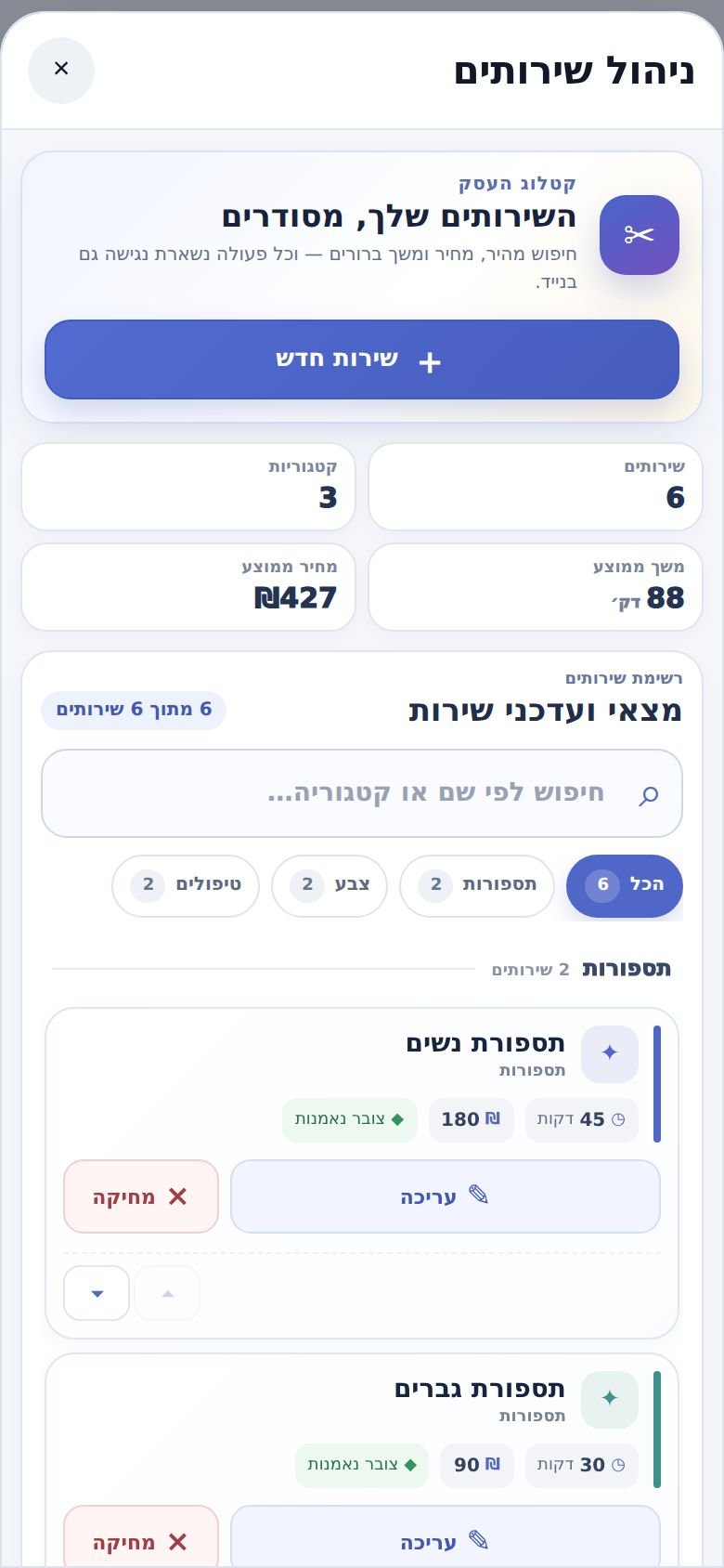 ניהול שירותים: השירותים מקובצים לפי קטגוריה